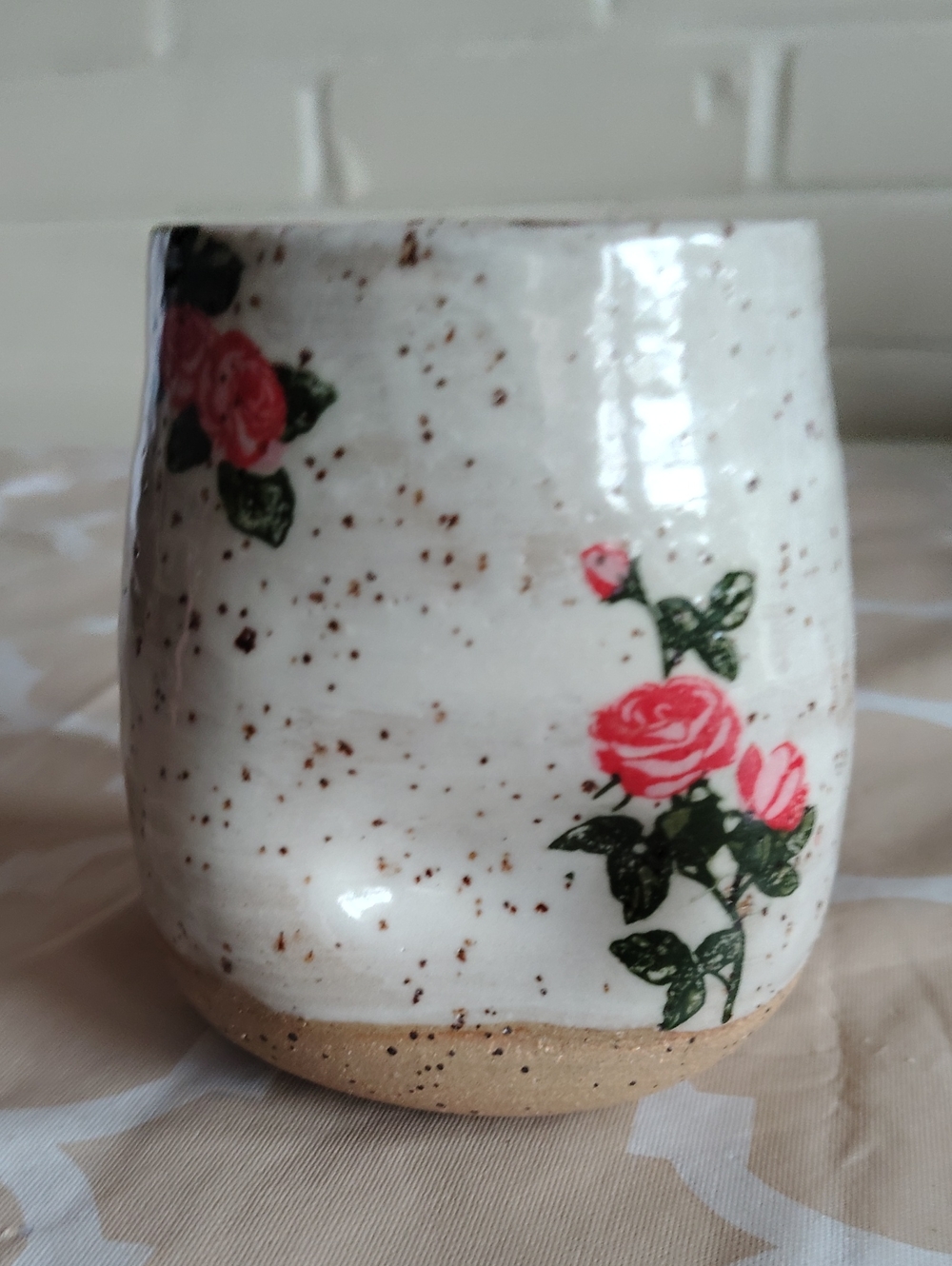 Handmade Studio Pottery Handleless Mug Speckled Stoneware Pink Rose 4.5"